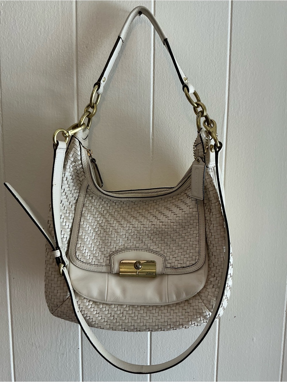 A Rare Large Vintage Y2K Coach Kristin Cream Woven Leather Hobo Handbag